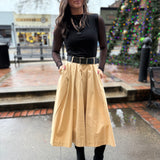 Black/Tan Sleeveless Pleated Midi Dress