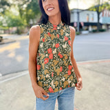 Sleeveless Flower and Leaves Tie Back Top