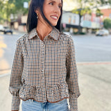 Long Sleeve Gingham Pattern Collared Top