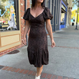 Brown Puff Sleeve Embroidered Midi Dress
