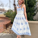 Blue Eyelet Embroidered Cross Back Strap Midi Dress