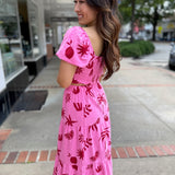 Pink-Red Square Neck Printed Top With Tiered Midi Skirt