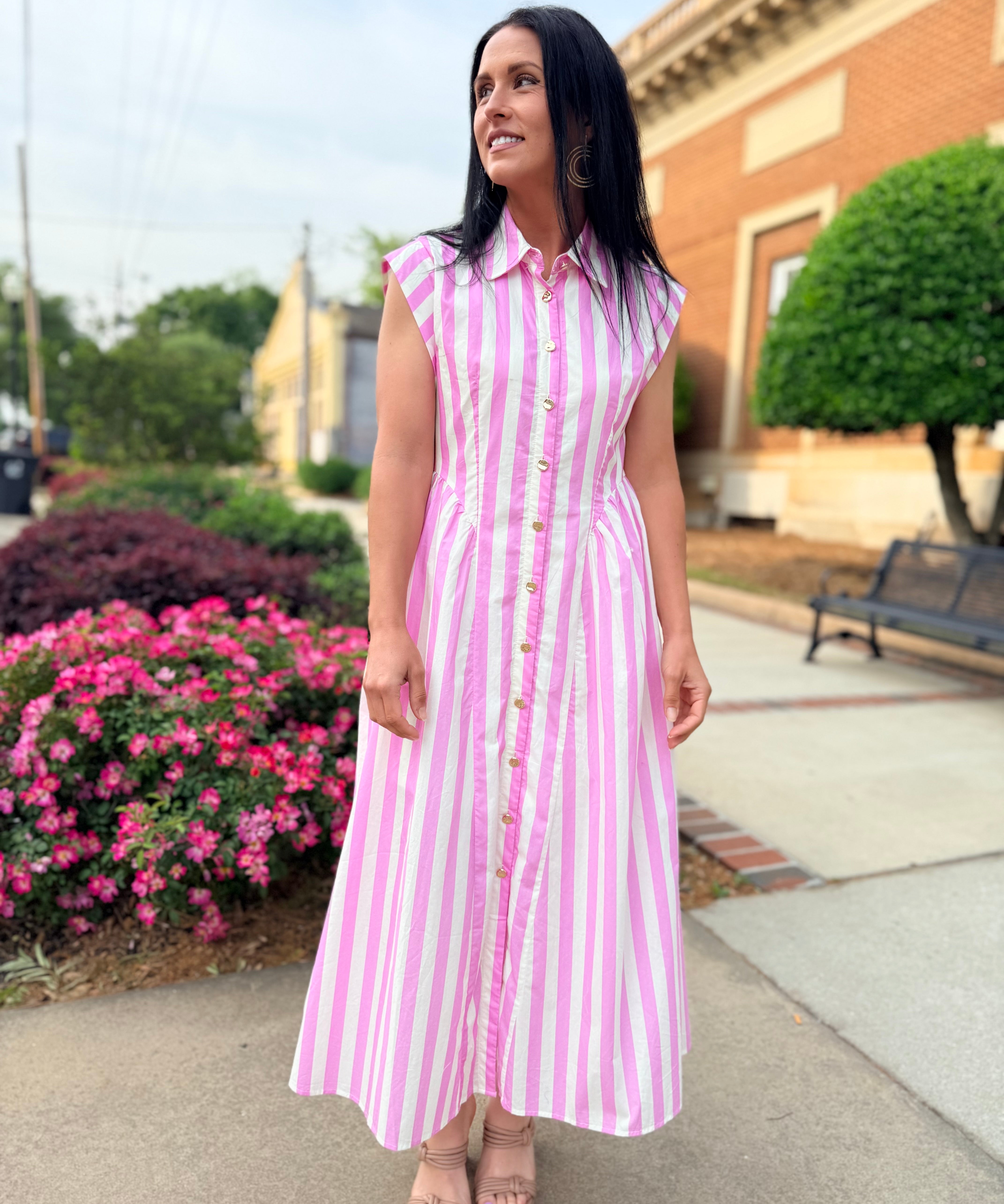 cap sleeve midi dress Navy Stripe Cap Sleeve Cotton Blend Dress - Midi Dresses