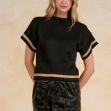 Black Contrast Trim Short Sleeve Pullover Sweater