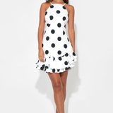White/Black Brianna Halter Ruffle Linen Dot Mini Dress