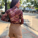 Eva Plaid Sheer Mesh Mock Neck Long Sleeve Top