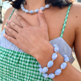 Water Resistant Set of 2 Light Blue Oval Acrylic and Gold Beaded Stretch Bracelets