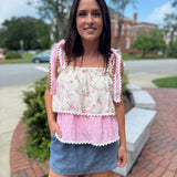 Ivory-Pink Floral Ric Rac Detail Top