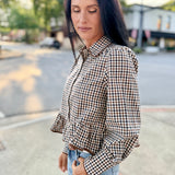 Long Sleeve Gingham Pattern Collared Top