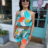Koi Flower Ruched Halter Crop Top