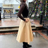 Black/Tan Sleeveless Pleated Midi Dress