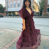 Burgundy Tiered Ruffle Midi Dress