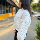 Cream Floral Print Quilted Bomber Crop Jacket