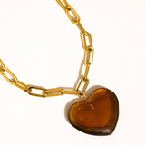 Cameron Heart Paperclip Chain Necklace - Brown