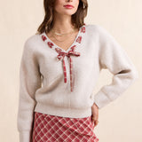 Cream Red Hostess Plaid Lace Trim Sweater
