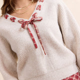 Cream Red Hostess Plaid Lace Trim Sweater