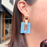 Water Resistant Gold with Matte Light Blue Open Square 2" Earring