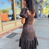 Brown Puff Sleeve Embroidered Midi Dress