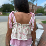 Ivory-Pink Floral Ric Rac Detail Top