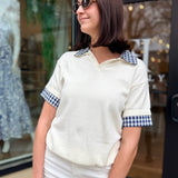 Gingham Trim Knit Polo Shirt