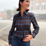 Nila Smocked Plaid Peplum Button-Front Blouse