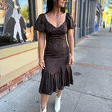 Brown Puff Sleeve Embroidered Midi Dress