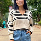 White Stripe Collared V-Neck Pullover Sweater