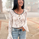 Lace Ruffle Sleeve Button-Front Blouse - Beige