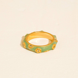 Elodie 18K Gold Green Enamel Floral Band Ring