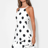 White/Black Brianna Halter Ruffle Linen Dot Mini Dress