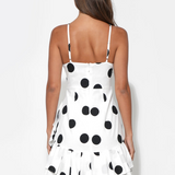White/Black Brianna Halter Ruffle Linen Dot Mini Dress