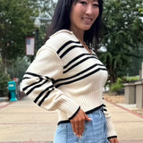 White Stripe Collared V-Neck Pullover Sweater