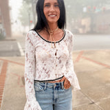 Lace Ruffle Sleeve Button-Front Blouse - Beige