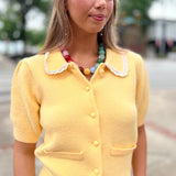Butter Yellow Scalloped Crochet Collar Cardigan