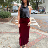 Red Twilight Spell Stretch Velvet Bias Midi Skirt