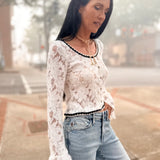 Lace Ruffle Sleeve Button-Front Blouse - Beige