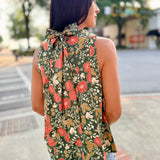 Sleeveless Flower and Leaves Tie Back Top