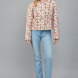 Off White Multi Contrasting Piping Floral Print Quilted Jacket