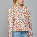 Off White Multi Contrasting Piping Floral Print Quilted Jacket