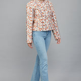 Off White Multi Contrasting Piping Floral Print Quilted Jacket