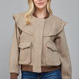 Taupe/Brown Perforated Pattern Ruffle Detail Bomber Jacket