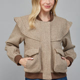 Taupe/Brown Perforated Pattern Ruffle Detail Bomber Jacket