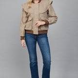 Taupe/Brown Perforated Pattern Ruffle Detail Bomber Jacket