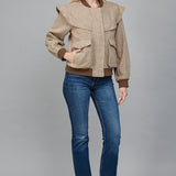 Taupe/Brown Perforated Pattern Ruffle Detail Bomber Jacket