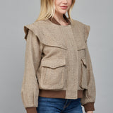 Taupe/Brown Perforated Pattern Ruffle Detail Bomber Jacket