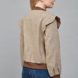 Taupe/Brown Perforated Pattern Ruffle Detail Bomber Jacket