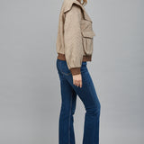 Taupe/Brown Perforated Pattern Ruffle Detail Bomber Jacket