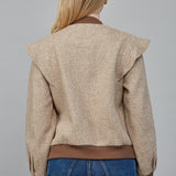 Taupe/Brown Perforated Pattern Ruffle Detail Bomber Jacket