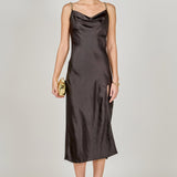 Black Chunky Chain Satin Slit Dress