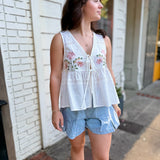 Blossom Charm Embroidered Tie-Front Peplum Vest - White